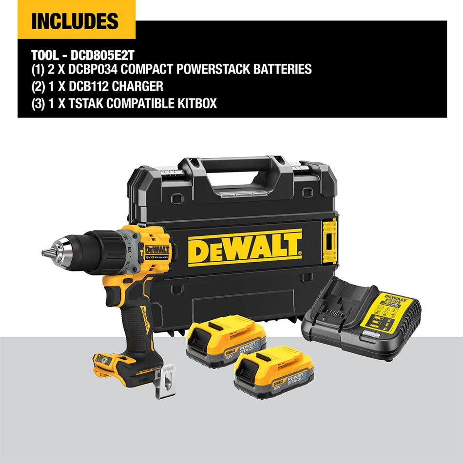 DeWALT 18V XR Brushless G3 Hammer Drill Driver Kit - 2 x Compact Powerstack Batteries - DCD805E2T-GB