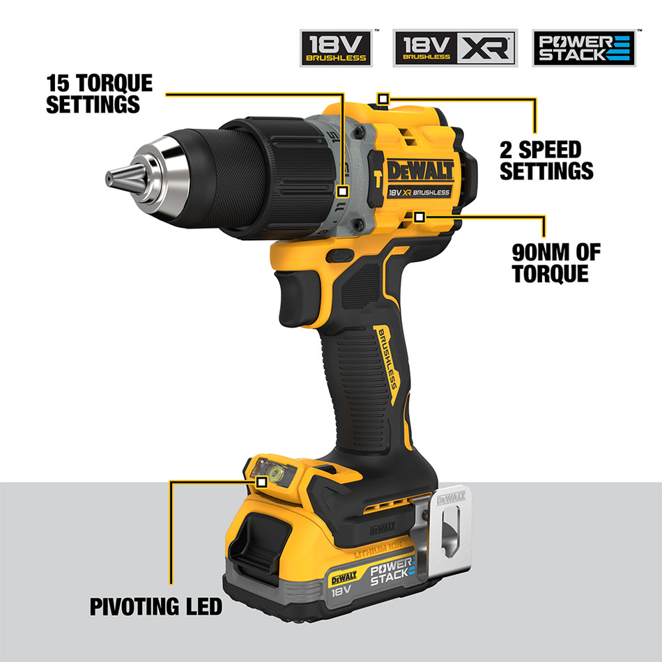 DeWALT 18V XR Brushless G3 Hammer Drill Driver Kit - 2 x Compact Powerstack Batteries - DCD805E2T-GB