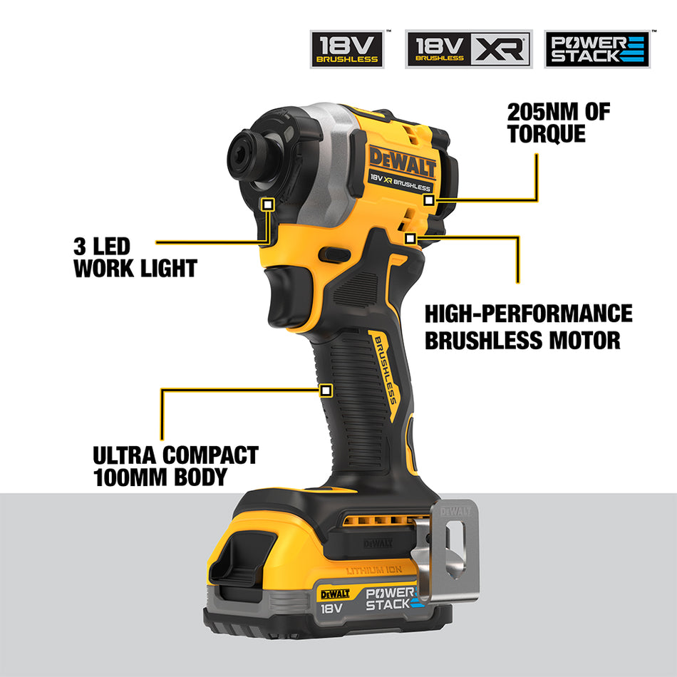 DeWALT 18V XR Brushless Ultra Compact Impact Driver Kit - 2 x Compact Powerstack Batteries - DCF850E2T-GB