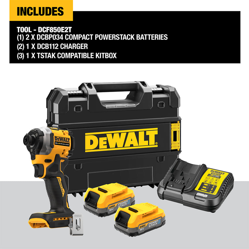 DeWALT 18V XR Brushless Ultra Compact Impact Driver Kit - 2 x Compact Powerstack Batteries - DCF850E2T-GB