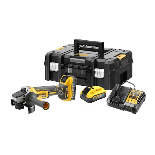 DeWALT 18v XR Brushless Angle Grinder 125mm in TSTAK Case - 2 x 5Ah Powerstack Batteries - DCG409H2T-GB