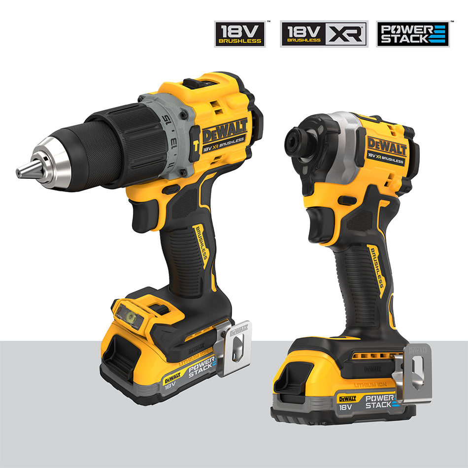 DeWALT 18V XR Brushless G3 Compact Twin Kit (DCD805 + DCF850) - 2 x Compact Powerstack Batteries - DCK2050E2T-GB