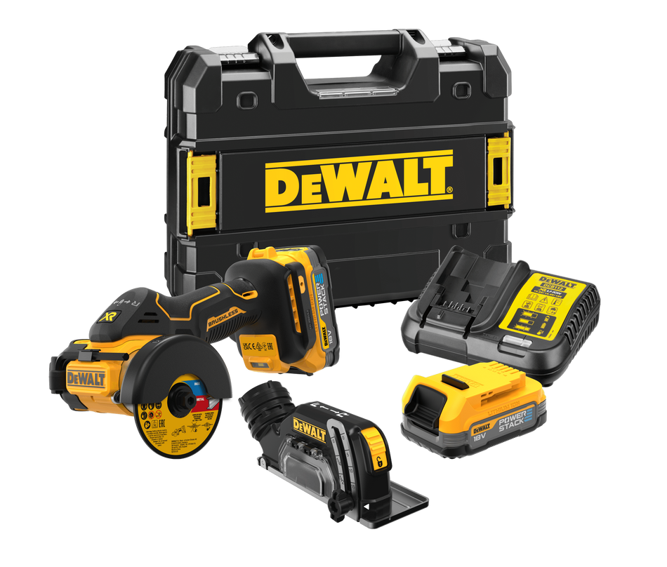 DeWALT 18V XR Brushless 76mm Cut Off Tool Kit - 2 x Compact Powerstack Batteries - DCS438E2T-GB