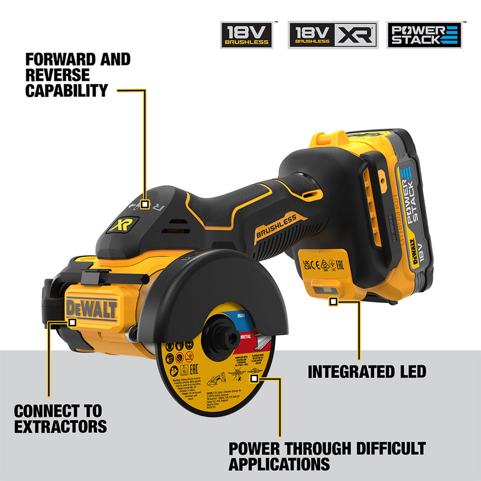 DeWALT 18V XR Brushless 76mm Cut Off Tool Kit - 2 x Compact Powerstack Batteries - DCS438E2T-GB