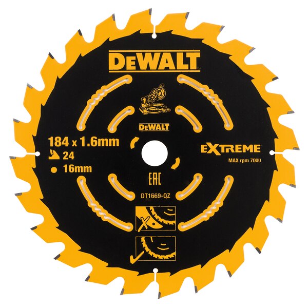 DeWALT EXTREME 2nd Fix Mitre Saw Blade 184mm x 16mm Bore x 24T For DCS365 Mitre Saw - DT1669-QZ