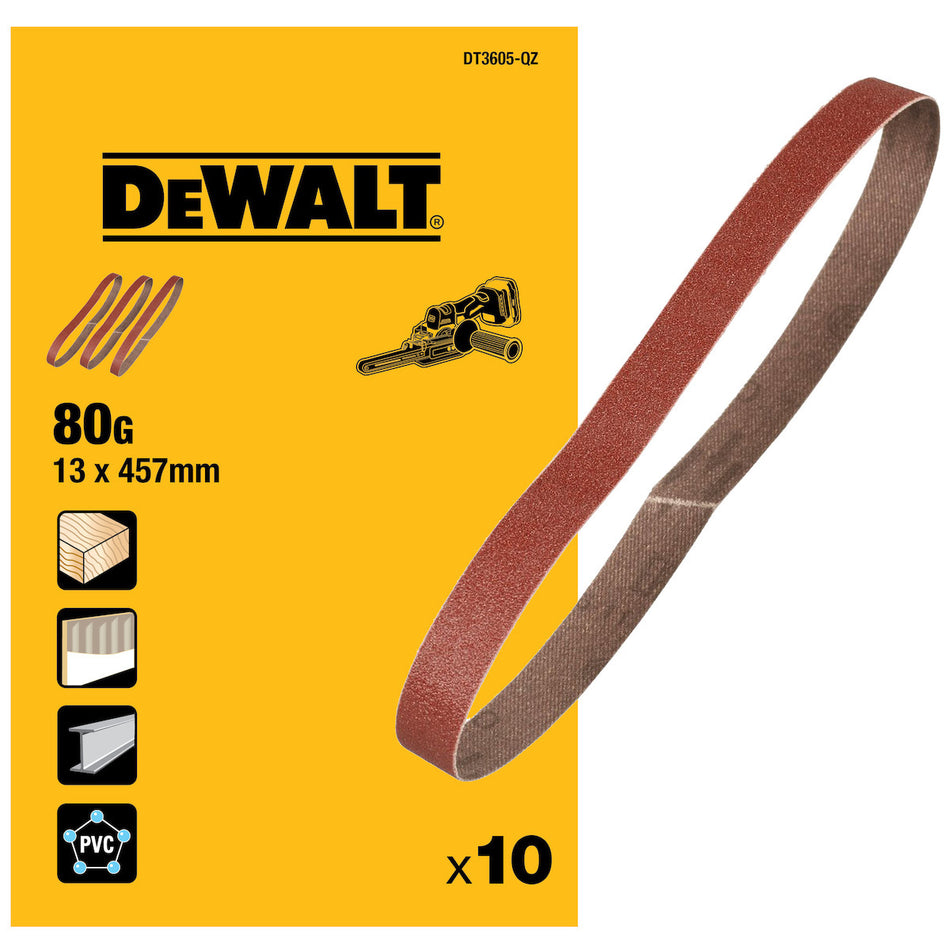 DeWALT Band File 13 x 457mm Sanding Belts - 40/ 80/ 120G - 10 Pack