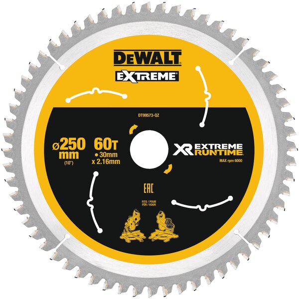 DeWALT Extreme Runtime Mitre Saw Blade 250mm, Bore 30mm, 60T - DT99573-QZ