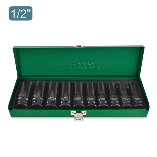 Toptul 10pc 1/2" DR. 6PT Flank Deep Impact Socket Set (METRIC) - 10-24mm