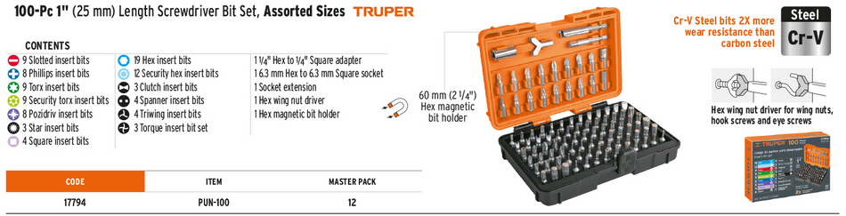 TRUPER 25mm Insert Bit Set - 100 Piece - TP17794