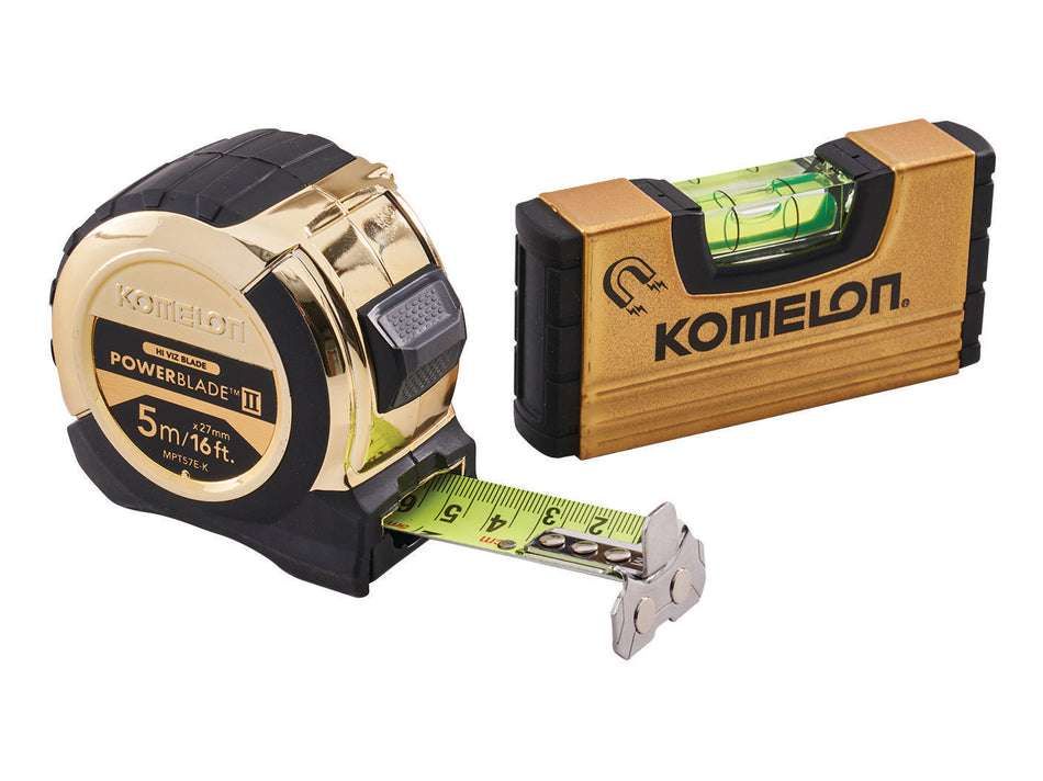 Komelon 5m (16ft) Gold PowerBlade Tape with Mini Magnetic Level