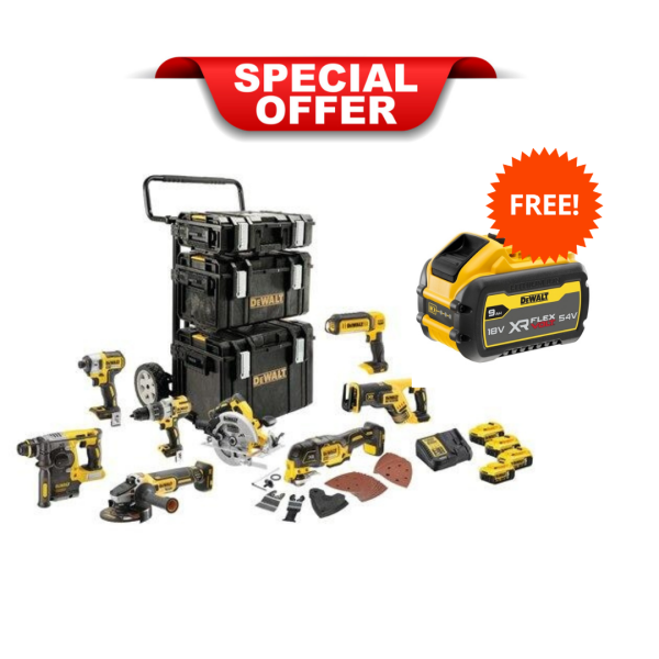 Dewalt 18v 8 Piece Brushless Kit - 4 x 5Ah - DCK853P4-GB with FREE 54v 9Ah Battery